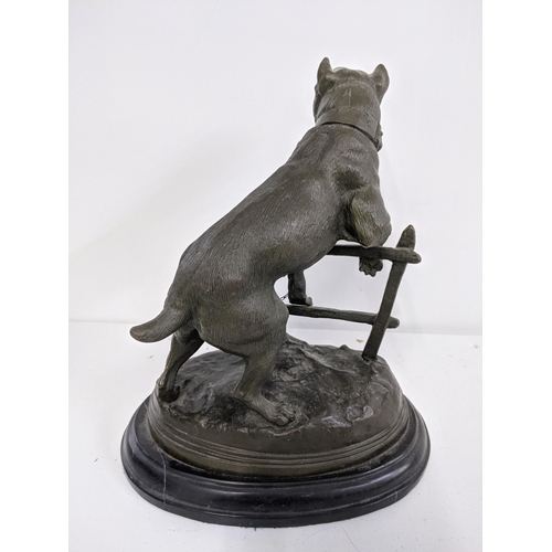 487 - A late 20th century cast bronze model of a dog on a rocky base, signed Calton, Location:3.2