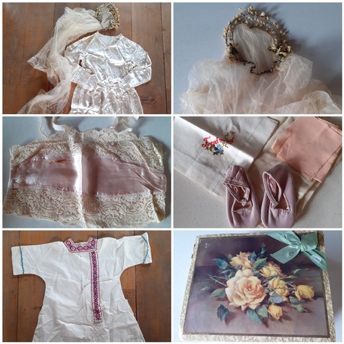 57 - An Edwardian cream veil with attached honeysuckle head-dress, a pair of lilac leather toddler shoes,... 