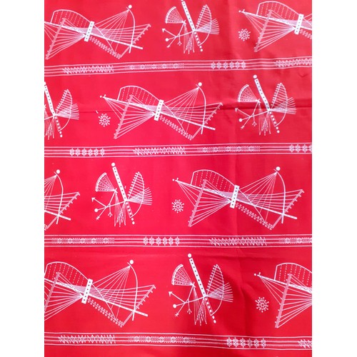 27 - Heal and Son, London- Two 1956 remnants of screen printed cotton 'Nautilus' furnishing fabric in red... 