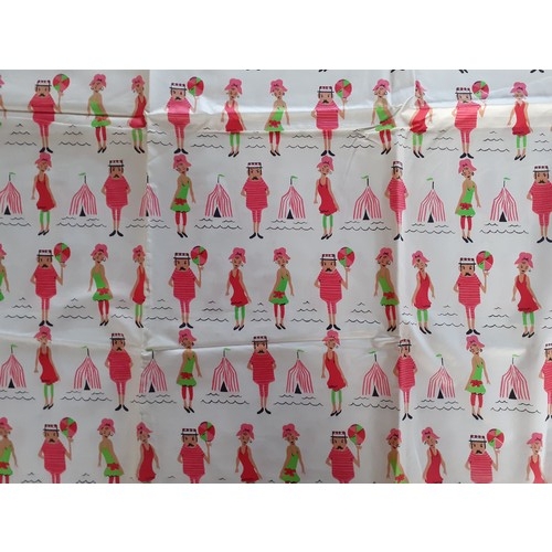 60 - A 1950's cotton fabric remnant in the Tammis Keefe style having a white ground with pink and green i... 