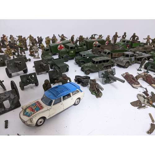 237 - Selection of military diecast model vehicles and soldiers to include Benbros, Dinky Toys, and Meccan... 