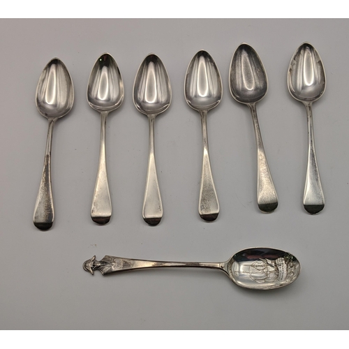 48 - A set of six silver teaspoons and another commemorating HMS Victory 1805. 96.4g
Location: A4F