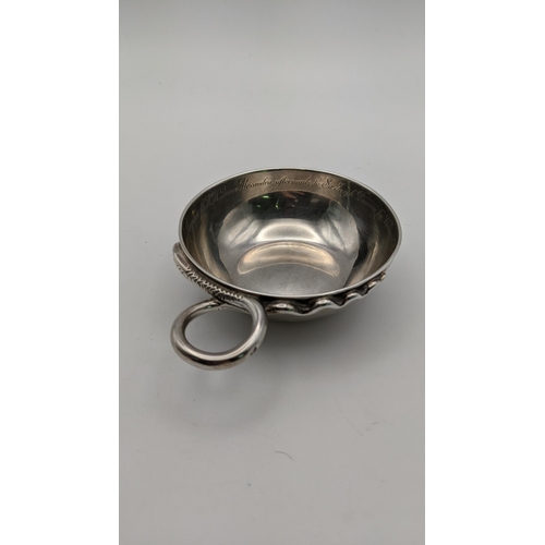 102 - A white metal wine taster inscribed to the inner rim, 'Presented to Viscountess Farquhar by H M Quee... 