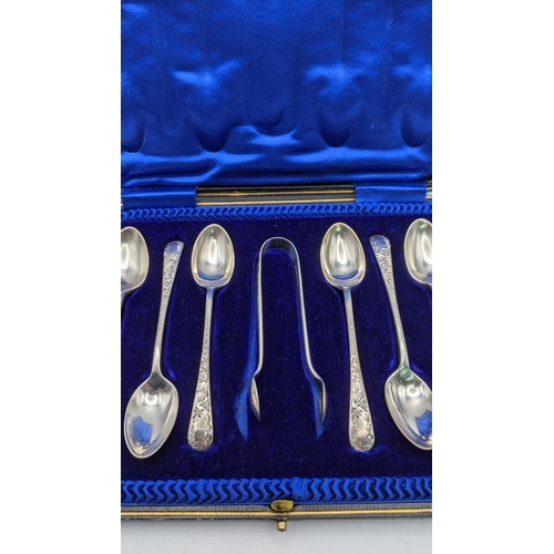 116 - Six silver teaspoons, together with a pair of silver sugar tongs, hallmarked Sheffield 1912, boxed t... 