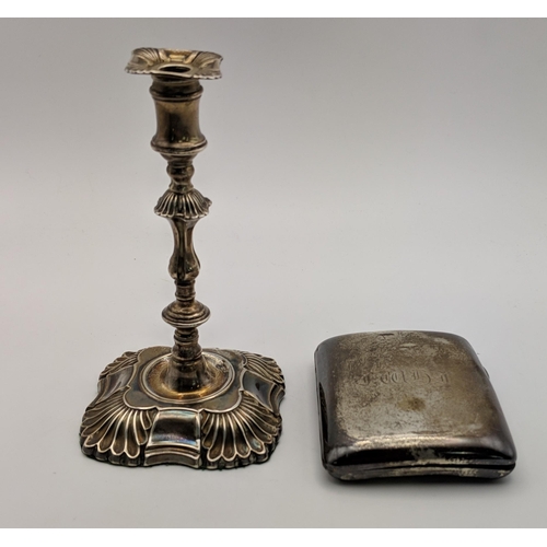 118 - Silver items to include a candlestick, a knife blade, a cigarette case, a silver handled button hook... 