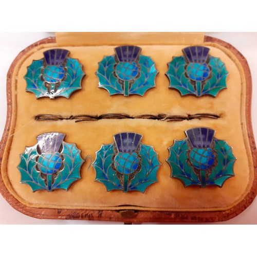 49 - A cased set of 6 silver and enamelled buttons fashioned as thistles in a South African Leo Simmons s... 