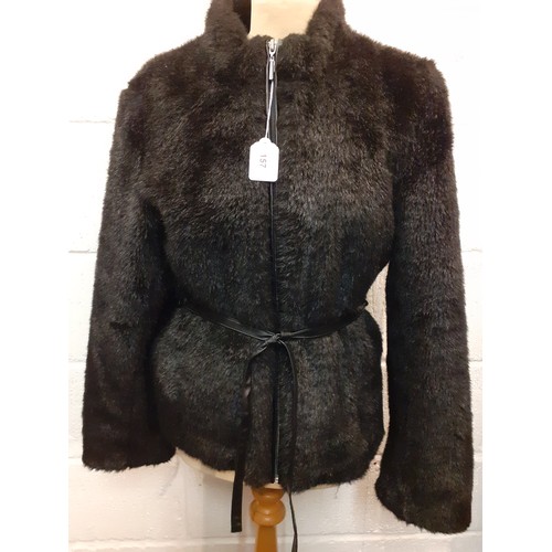 157 - A modern black faux fur jacket with black leather belt together with 3 unopened cashmere Pashmina wr... 