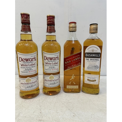 89 - Four bottles of Whisky to include Dewars White Label, Johnnie Walker Red Label and Bush Mills Locati... 