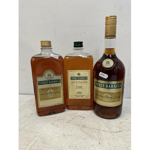 132 - Three bottles of Three barrels brandy VSOP, 2 x 1lt, 1 x 100cl Location: R6