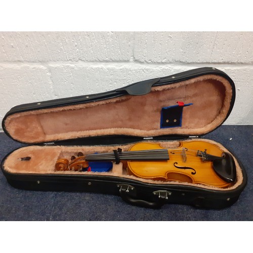 194 - A ⅛ size violin, no internal labels, back measurement 26½cm, total length 44cm, no bow, having a bla... 