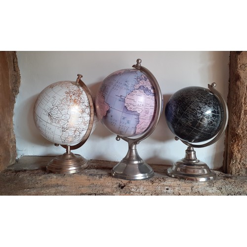 250 - Three Legend globes in various heights; 28cmH, 29cmH and 34cmH. Location:R1.1