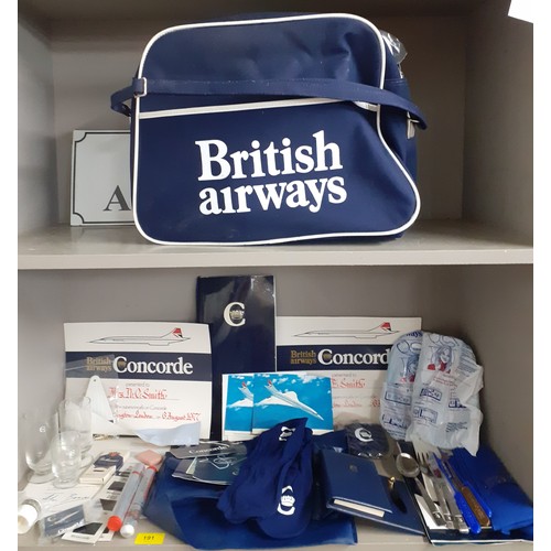 British Airways and Concorde related items circa 1970's to include certificates, cutlery, glasses and a branded cabin bag. Location:R1.3