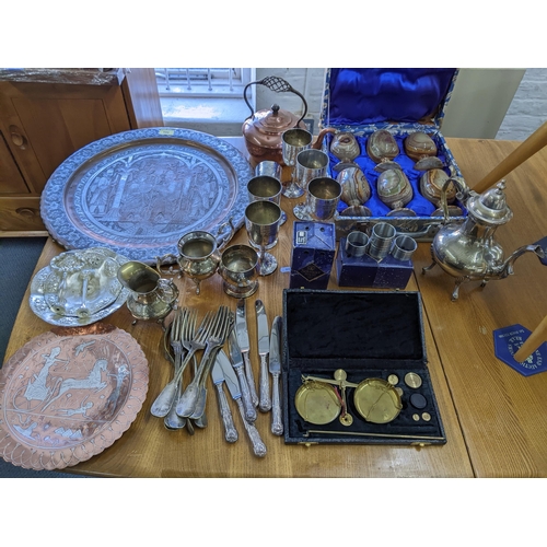 106 - A mixed lot of silver plate, metal wares and other items to include a boxed set of six onyx goblets,... 