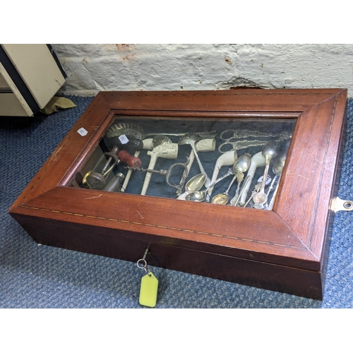 175 - An Edwardian mahogany display box containing carved pipes, silver and silver plated cutlery and cork... 