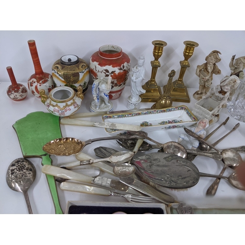 180 - A mixed lot to include early 20th century Japanese Kutani ware, Victorian miniature tea set, silver ... 