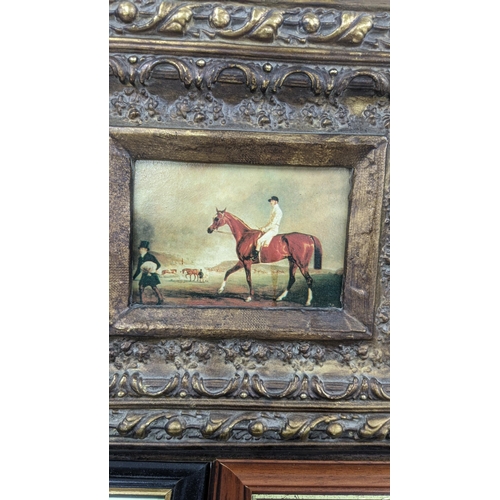 35 - Mixed pictures to include a print depicting a man sat on a horse, in a gilt frame, an oil on canvas ... 