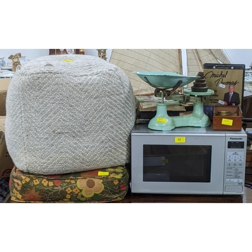 63 - A mixed lot to include a Panasonic 800w microwave, vintage weighing scales with various brass weight... 