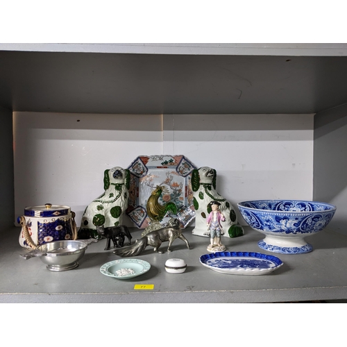 77 - A mixed lot of ceramics and metalware to include a Meissen figure A/F, Japanese Imari octagonal plat... 