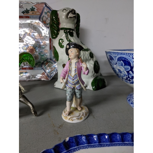 77 - A mixed lot of ceramics and metalware to include a Meissen figure A/F, Japanese Imari octagonal plat... 