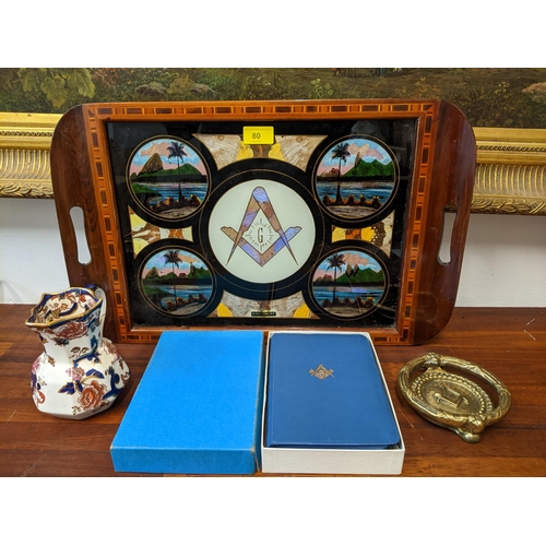 80 - A Brazilian Masonic butterfly wing tray with inlaid wooden frame, Masonic compass and set square ins... 