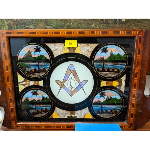 80 - A Brazilian Masonic butterfly wing tray with inlaid wooden frame, Masonic compass and set square ins... 