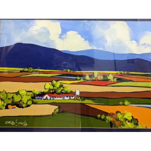 81 - A Carla Bosch (South African)- landscape, with red roof farm buildings, surrounded by trees and fiel... 