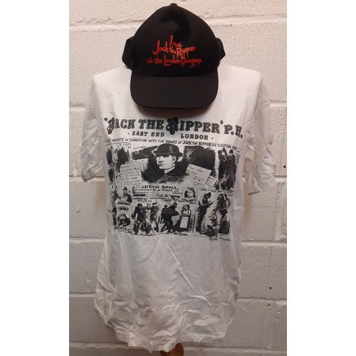 132 - A collection of 7 Jack The Ripper interest T-shirts plus peaked cap, various designs and sizes to in... 