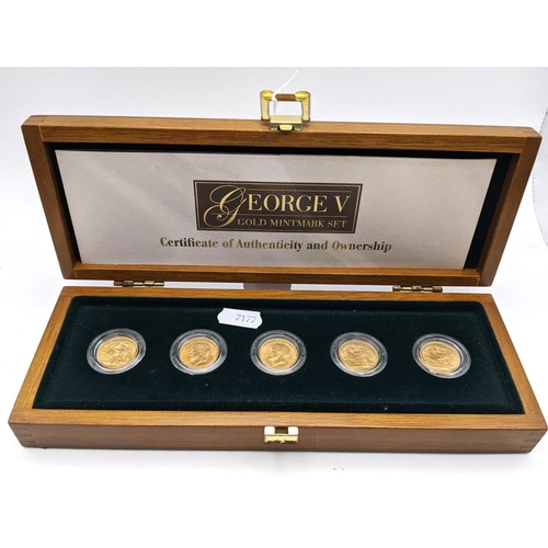 United Kingdom - George V (1910-1936), Royal Mint George V Gold Mintmark Set, comprising of five full Sovereigns of the London, Bombay, Ottawa and Pretoria mints to include 1911 Ottawa, 1915 London, 1918 Bombay, 1927 and 1931 Pretoria examples, all housed in a fitted presentation case limited edition 442/500,