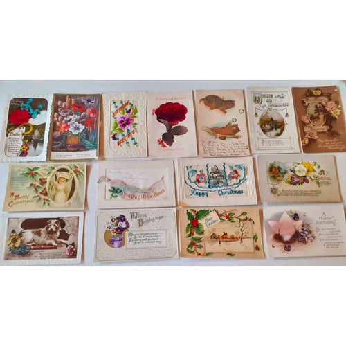 142 - A quantity of early to mid 20th Century greetings cards to include a WW1 embroidered 'Kiss From Fran... 