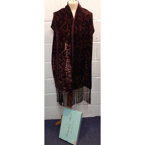 82 - A Helen James English Eccentrics deep purple shimmering devore wrap with extra long tassels in a For... 