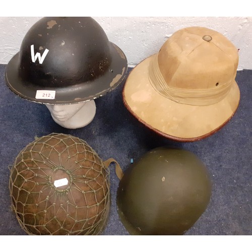 212 - Four 20th Century gents hats comprising a WW2 British Air Raid Warden's helmet, a 1982 Falklands War... 