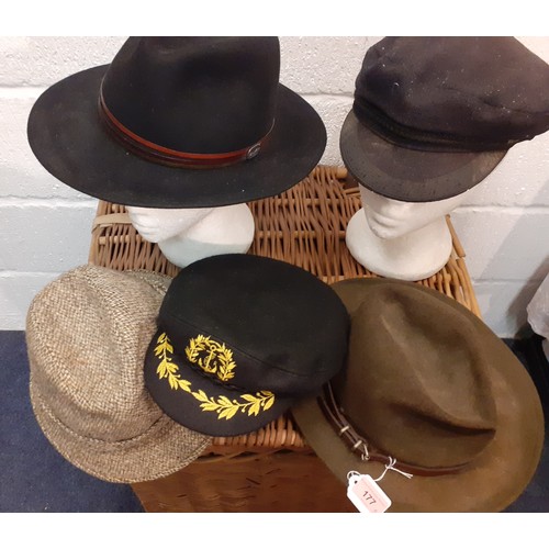 177 - A group of vintage gents hats to include a Greek fisherman's black felt peaked hat with gold coloure... 