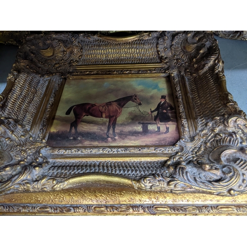 266 - A group of framed prints to include two depicting a hunter and rider, marine scene, one depicting th... 