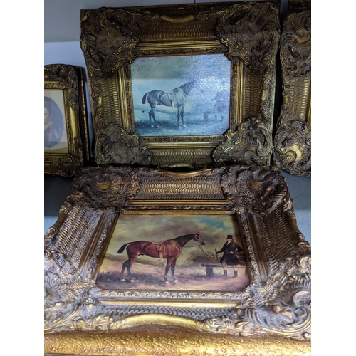 266 - A group of framed prints to include two depicting a hunter and rider, marine scene, one depicting th... 