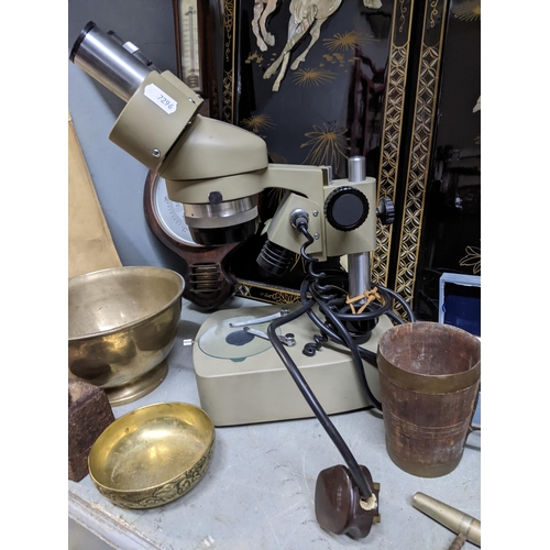 280 - A mixed lot to include a Vickers instruments microscope, pair oriental black lacquered panels depict... 