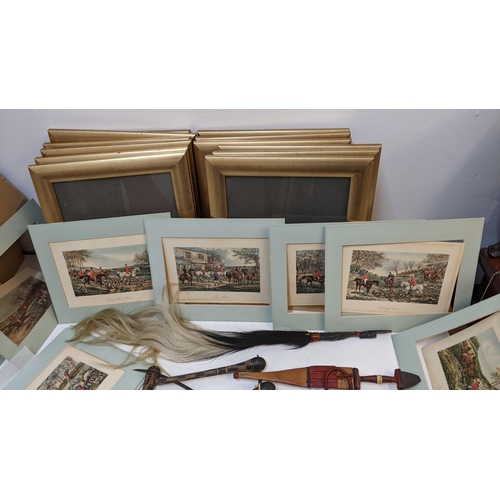 343 - Twelve early 20th century hunting prints, tribal artifacts, an olive wood box and a 19th century tru... 