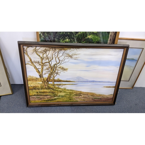 403 - Mixed pictures to include Paul Kimatho oil on canvas depicting a continental landscape and others, W... 