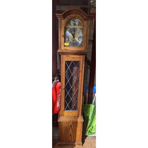 444 - A modern oak cased grandmother longcase clock with leaded glazed aperture gilt face with silvered ro... 