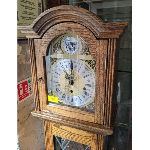 444 - A modern oak cased grandmother longcase clock with leaded glazed aperture gilt face with silvered ro... 