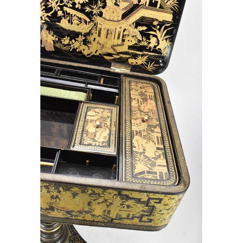 125 - An early 19th century chinoiserie black lacquered and gilt highlighted work box, the box of rounded ... 