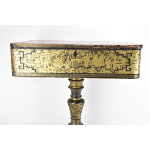 125 - An early 19th century chinoiserie black lacquered and gilt highlighted work box, the box of rounded ... 