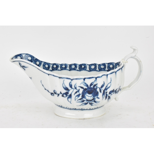 128 - An 18th century Worcester porcelain blue and white sauce boat, circa 1770-80, moulded fluted form an... 