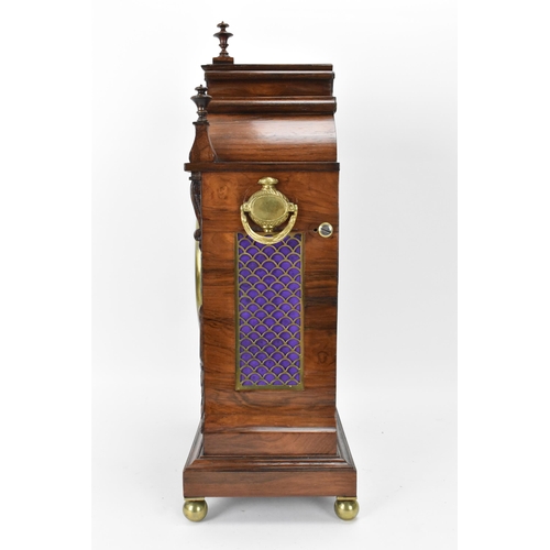 54 - A William IV rosewood bracket clock, the case having three turned finials, applied floral scroll mou... 