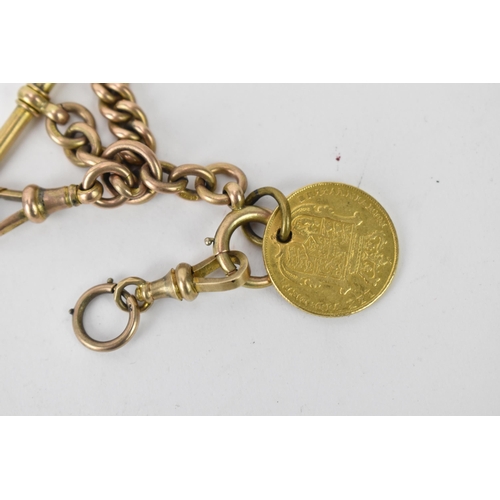 65 - A Victorian 9ct gold Albert curb link pocket watch chain with a 9ct T-bar, two 9ct dog clip clasps a... 