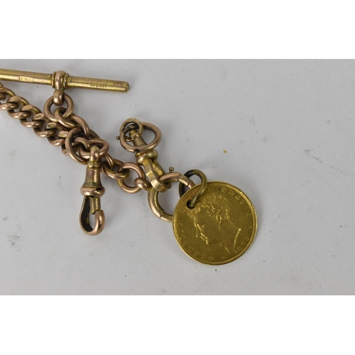 65 - A Victorian 9ct gold Albert curb link pocket watch chain with a 9ct T-bar, two 9ct dog clip clasps a... 