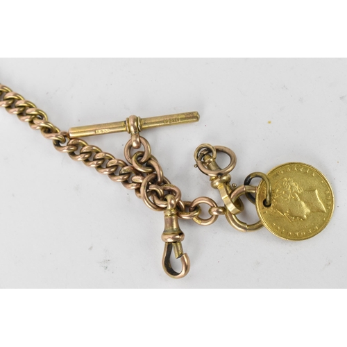 65 - A Victorian 9ct gold Albert curb link pocket watch chain with a 9ct T-bar, two 9ct dog clip clasps a... 