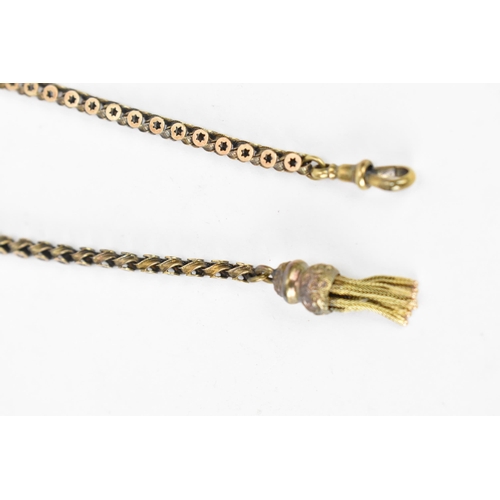 66 - A Victorian yellow metal Albertina pocket watch chain having a fancy tassel charm and a 15ct gold do... 