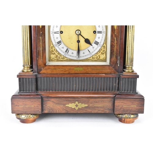 75 - An early 20th century large boardroom triple fusee clock, the rosewood case having three gilt metal ... 