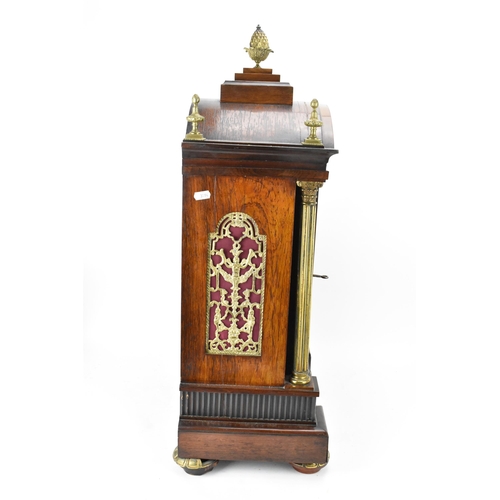 75 - An early 20th century large boardroom triple fusee clock, the rosewood case having three gilt metal ... 