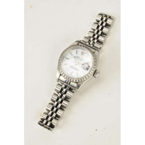 77 - A Rolex Oyster Perpetual Date, automatic, ladies, stainless steel wristwatch, having a white dial, b... 